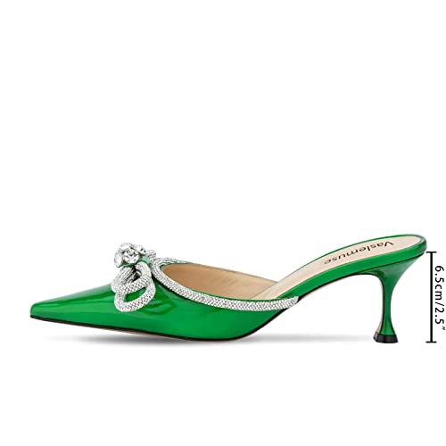 Vaslemuse Women Heeled Mules Rhinestone Bow Pointed Toe Mules Patent Leather Stiletto High Heels Slip On Bridal Sandals For Women Green Size 8.5 #TOP2