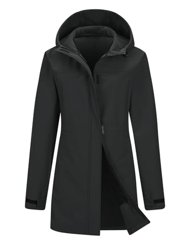 baleaf Damen Softshelljacke Lange Wasserabweisend Softshellmantel Wasserabweisend Winterjacke Windjacke Fleece gefütterte Regenjacke Schwarz XXL
