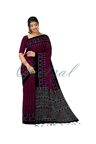 Image of Quetzal Women's Magenta Pure Cotton Sambalpuri Batik Print Saree with Unstitched Blouse - Lightweight Comfortable Saree for Daily & Office Wear