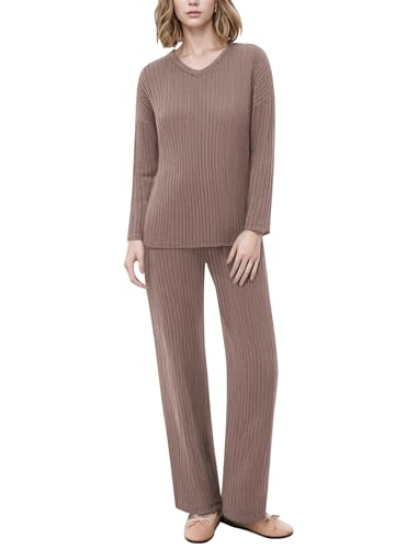 Pyjama femme 2 pièces en tricot côtelé premium avec finitions soignées et poches