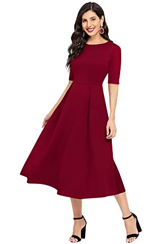 Image of LONDON BELLY Women's Regular Fit Polyester Blend Midi Flare Dress with Round Neck 3 /4 Sleeves Calf Length Solid Pattern and Pull On Closure Type |One Piece Dress for Women