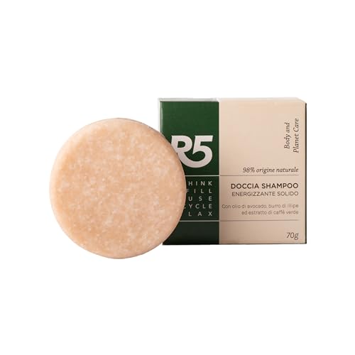 R5 Doccia Shampoo solido Energizzante - 98% d’ingredienti di origine naturale - Formato 70gr - Dermatologicamente testato, Nickel tested, Prodotto 100% Made in Italy.