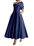 KIYNE Vestido formal para madre de la novia para mujer, con bolsillos, cuello en V, de satén, para invitada de boda, vestido formal, azul marino, 40