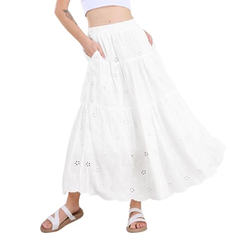 chouyatou Women's Lace Embroidery Eyelet Boho Skirt High Elastic Waisted Flowy Swing Midi Long Skirt