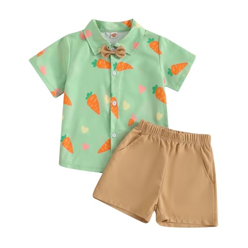 Image of Owl's-Yard Baby Boy Easter Outfits Rabbit Carrot Short Sleeve Button Down Shirts and Solid Color Shorts 2 Pcs Summer Set