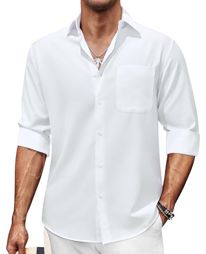 Mens Dress Shirt Long Sleeve Wrinkle Free Casual Button Down Untucked Business Linen Shirts with Pocket