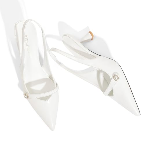 Women Kitten Heels Slingback Low Heel Pumps Dress Shoes for Women Closed Pointed Toe Pearl Heels for Work Wedding Bridal4