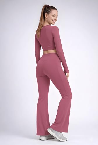 Image of PINAAK FASHION Women's Yoga Co-Ord Set | Full Sleeve Crop Top & Flared High Waist Yoga Pants with Pocket | Thumb Hole Sleeves | Bell Bottom Gym Wear Activewear Tracksuit for Workout, Running & Lounge