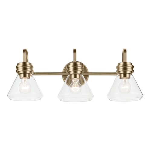 Image of Kichler Farum 26 inch 3-Light Bathroom Vanity Light Fixture with Clear Glass in Champagne Bronze for Over Mirror, Modern Wall Mount Lighting (26 inch W x 9.5 inch H), 55155CPZCLR