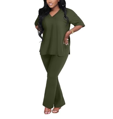 acelyn Women's 2 Piece Outfits Summer V Neck Oversized Split Tops Flare Legging Pants Casual Tracksuit Lounge Sets Sweatsuits2