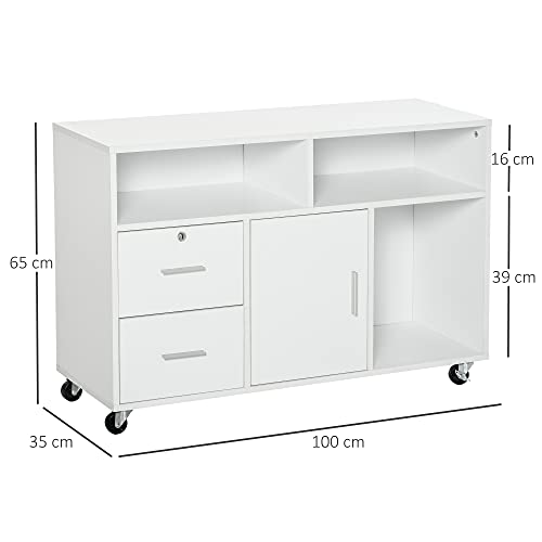 Miniatura 3 de Homcom Mueble Auxiliar De Oficina Mueble Archivador Con Ruedas Estantes Y Cajones Armario Multiusos Con Gran Almacenaje 100x35x65 Cm Blanco