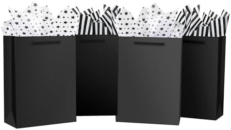 OfficeCastle 10-Pack Black Gift Bags with Handles, Gift Bags with Tissue Paper – Gift Bags for Men, Perfect for Valentine’s Gifts and Shopping (7.1×3.9×9.1in)