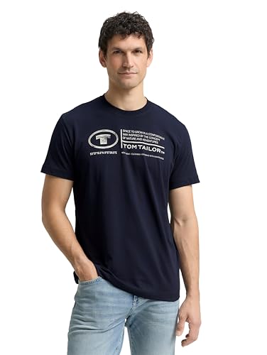TOM TAILOR Herren Basic T-Shirt mit Print aus Baumwolle, sky captain blue, XL – Ansicht 1