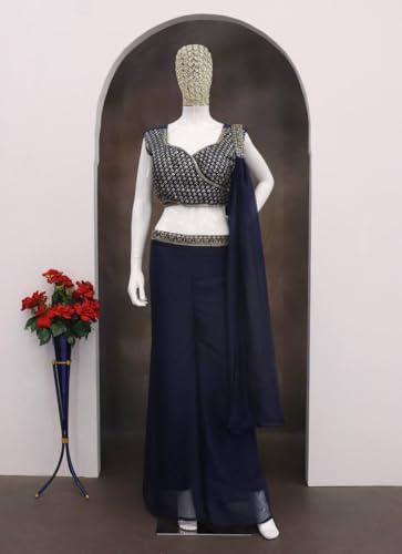 Image of Women Palazzo Blouse Dupatta Set for Women,Fully Stitched Teby Silk Palazzo with BanglorySilk Blouse & Teby Silk Dupatta | Multicolour Embroidery & Sequin Work