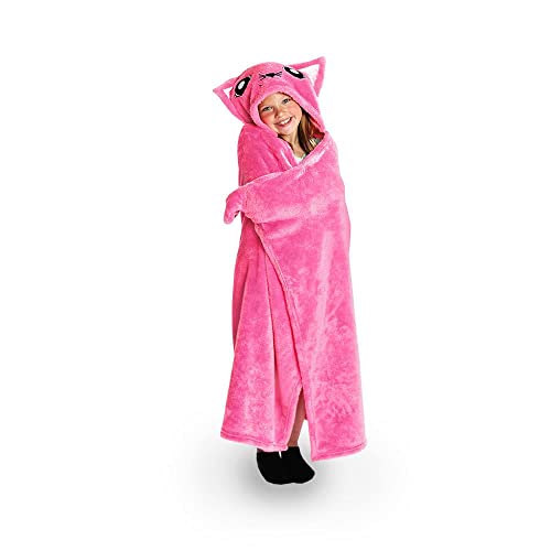 Bright Eyes Blanket - Super Soft Blanket for Kids - Hooded, Blanket, Robe - Comfy Throw Blanket, Pink Kitty; Warm Fuzzy Blanket, Stuffed Animal Blanket - Machine Washable - Perfect for Sleepovers!