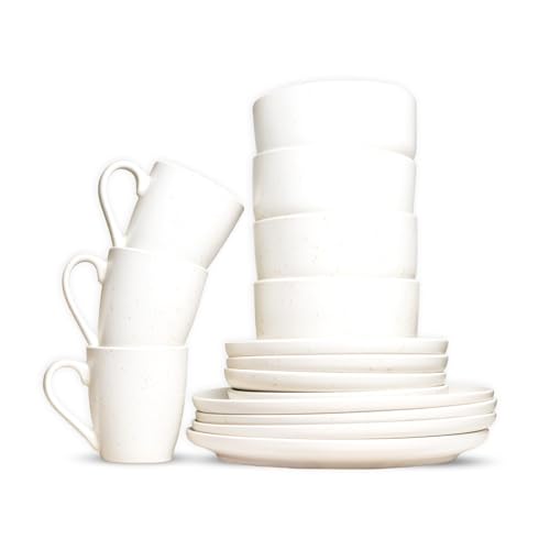 ROYALFORD 16 Piece Stoneware Dinnerware Set | Microwave, Dishwasher & Freezer Safe Durable Crockery Set | Includes Dinner & Dessert Plates Cereal Bowl & Mugs | Kitchen Dinner Set for 4 People White