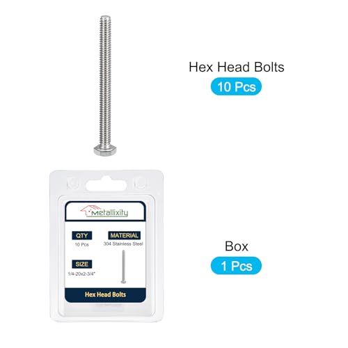 Image of METALLIXITY Hex Head Bolts (1 /4-20 x 2-3 /4 inch) 10Pcs, 304 Stainless Steel 18-8, Fully Threaded, External Hex Drive, Plain Finish, Hex Head Screw Bolt, Silver