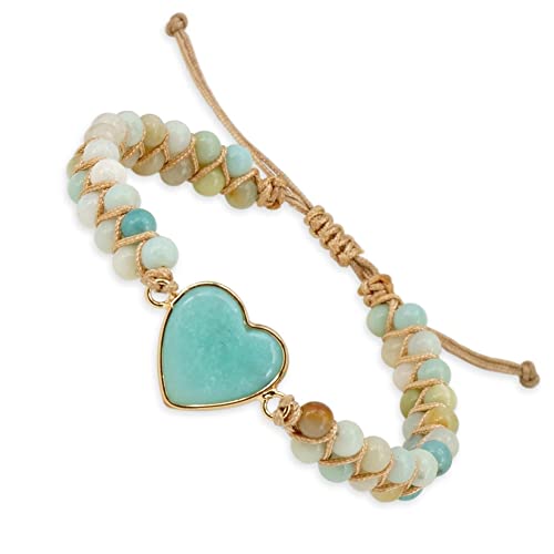 BENAVA Damen Yoga Armband Amazonit Edelstein Perlen Türkis mit Herz Anhänger | Damenarmband Meditation | Glücksarmband Boho Hippie Schmuck Bracelet | 16-24 cm Cover