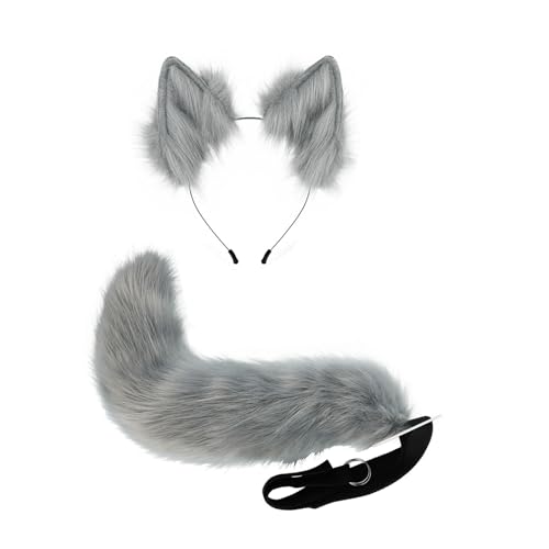 2 Pcs Faux Fur Cat Fox Wolf Ear and Tail Set Handmade Fancy Party Funny Gifts Fluffy Therian Stuff Fox Furry Costume for Adults, Men and Women Costume,Halloween,Masquerade Prop,Christmas,Grey