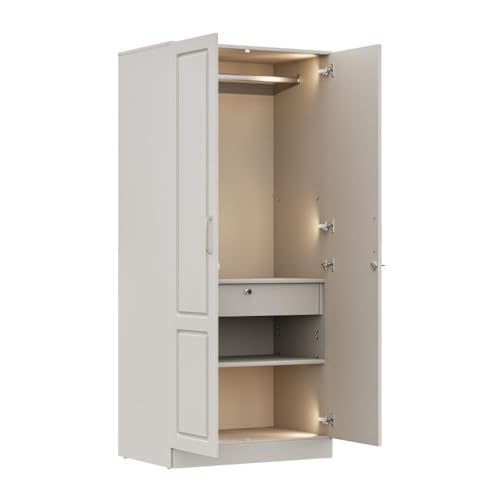 Image of Wakefit Wardrobe for Bedroom | 3 Yr Warranty | Cupboard for Bedroom, Almirah, Wooden Wardrobe, Comes with LED light, Multi-Shelves, Drawer & Hanger, Density:680-750 kg /m, Free Installation(Tyrian-LG)