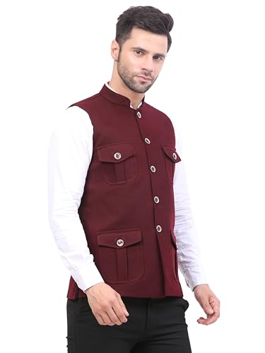 Image of FH Wearza Polywool tweed Solid multipocket Sleeveles Nehru Jacket For Men