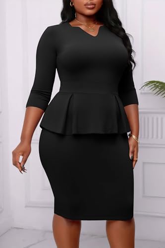 Image of Runwind Plus Size Dresses for Curvy Women, Work Church Professional Office Vintage Peplum Pencil Dress V Neck 3 /4 Sleeve