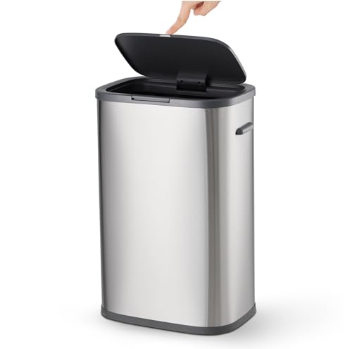 PeacefulHues 13 Gal Kitchen Trash Can with Pop-Up Lid, Dog Proof Garbage Can, Slim Stainless Steel Waste Bin for Kitchen, Bathroom, Office, Soft-Close Silent Design
