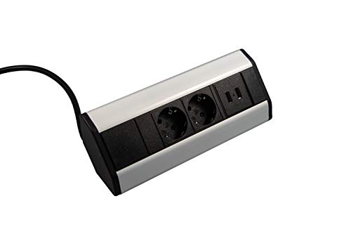 Gedotec Ecksteckdosenleiste Küche & Schreibtisch - Cornerbox | Ecksteckdose 2 x Strom-Schuco-Stecker & 2-fach USB-Anschlüsse | Tischsteckdose Alu