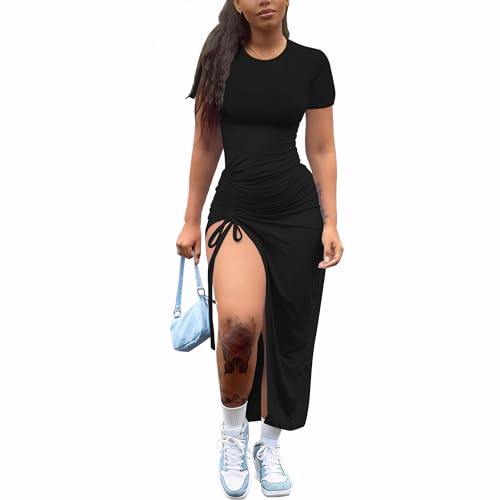 Nimsruc Women Sexy Summer Dresses Short Sleeve Thigh-high Slit Ruched Bodycon Maxi Club Cocktail Party Dress2