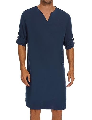 TURETRENDY Men's V-Neck Kaftan Robe Long Sleeve Casual Thobe Side Split Gown Shirt