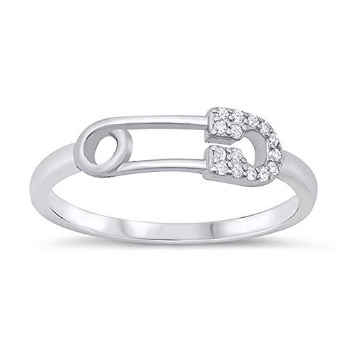 CloseoutWarehouse Clear Cubic Zirconia Safety Pin Ring Sterling Silver