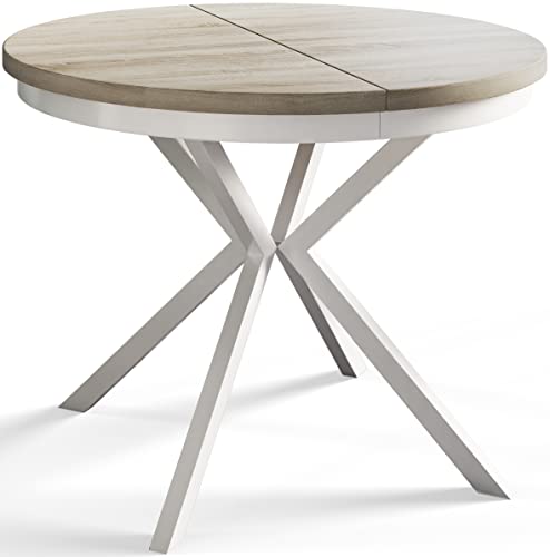 alpimeble Mesa Redonda de 90 cm / 170 cm Montaña,Mesa Plegable,Mesa de Cocina,Mesa de Comedor,Mesa de Comedor,Mesa de salón,Mesa de Interior,Mesa Moderna,Patas metálicas Blancas,Extensible,Sonoma
