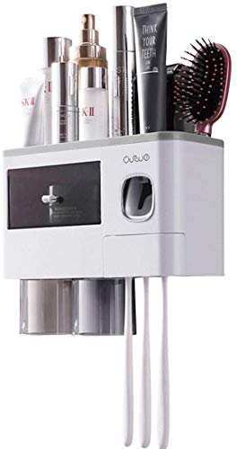 TuCao Dispensador automático de Pasta de Dientes de Pared, Soporte para Cepillo de Dientes para baño, 2 Vasos magnéticos, 6 Ranuras para cepillos de Dientes, 1 cajón Organizador (2 Tazas)