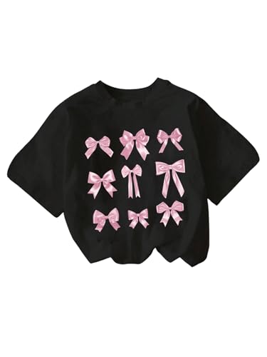 OYOANGLE Girl's Bow Print T Shirt Crew Neck Short Sleeve Drop Shoulder Loose Casual Tee Tops