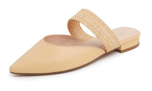 FEVERSOLE Women's Pointed Toe Fashion Mules Low Heel Flats Casual Summer Slide Beige Vegan Leather Raffia Strap Size 9.5 M US