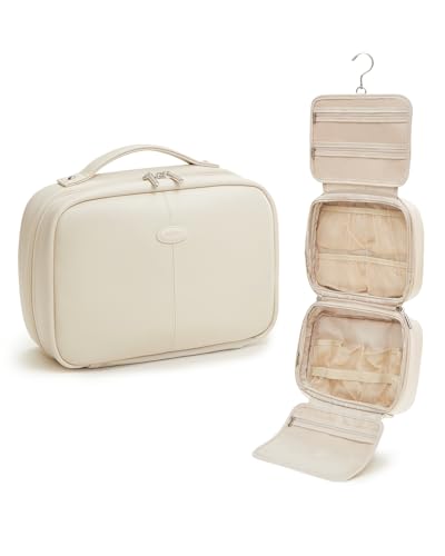 EACHY Toiletry Bag with Hanging Hook Travel Makeup Bag PU Leather Cosmetic Bags for Women Make Up Organizer with 4 Compartments Waterproof Full-Size Portable Travel Essentials (WhitePro)