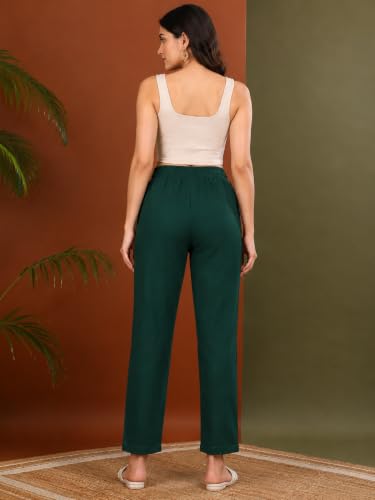 Image of Yash Gallery Women's Regular Fit Mid Rise Solid Cotton Slub Ankle Length Regular Trouser Pant