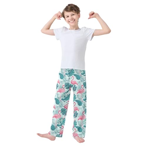 Tropical Leaf Pink Flamingo Pajama Pants Lounge Sleep Pants Elastic Waist Long Pajama Bottoms with Pockets for 6-14 Years3