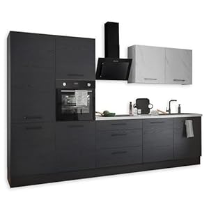 New York Moderne kitchenette zonder elektrische apparaten, in grafiet zwart, marmerlook, FSC-gecertificeerd, ruime inbouwkeuken met veel opbergruimte, 320 x 210 x 60 cm (b x h x d)