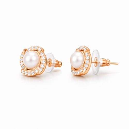 Image of Nilu's Collection Rose Gold Plated Triangular Design Pearl Stud Earrings With American Diamond for Women And Girls | Gift For Her | Anti- Allergy |Anti-Tarnish | Office Wear