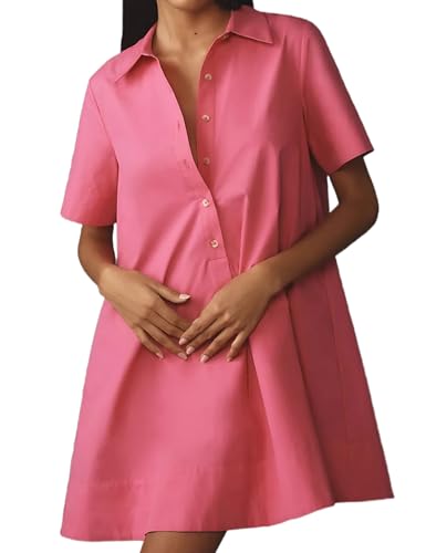 Image of Dsewpaur Short Sleeve Swing Tunic Mini Dress for Women Button Up Shirt Blouse Short Dress Summer Casual Flowy A Line Dress