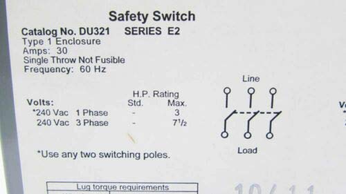 Square D DU321 30 Amp 240Vac Single Throw Safety Switch 3P