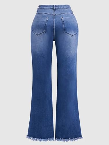 Bell Bottom Jeans for Women Floral Embroidered High Waisted Flared Jeans Stretchy Raw Hem Wide Leg Denim Pants4