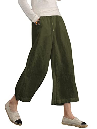 Famulily Cropped Wide Leg Cotton Linen Trousers Womens Summer Army Green XXL
