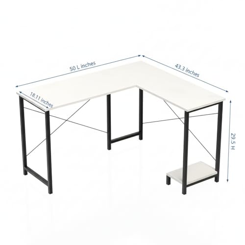 Image of RIZIK Store L-Shaped Computer Desk | 50-Inch Corner Gaming & Study Table with Engineered Wood Top, Metal Frame & CPU Shelf | Writing Workstation for Bedroom, Office & Small Rooms (White)