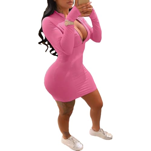 Image of Front Zipper Bodycon Dress Party Long-Sleeve Club Dresses