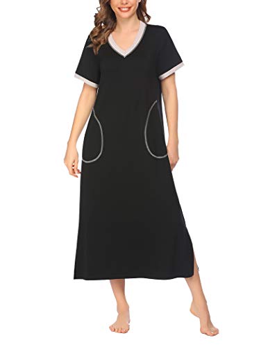 ADOME Loungewear Long Nightgown Women's Ultra-Soft Nightshirt Full Length Sleepwear with Pocket Black