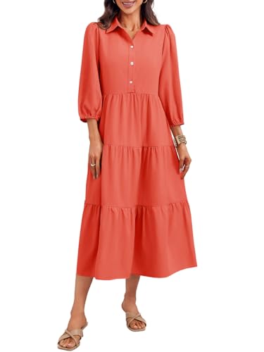 Image of Wenrine Womens Casual 3 /4 Sleeve Shirt Dress Button Down V Neck Tiered Collared Flowy Maxi Dress