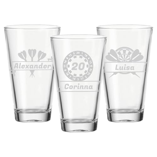 LUXENTU Trinkgläser mit Gravur 3er Set, 300 ml, Wassergläser und Kindergläser mit Darts-Motiven, Personalisierbar mit Namen, Individuelle Lasergravur, Darts