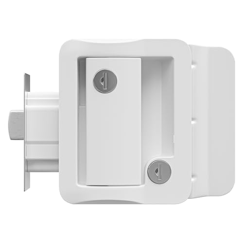 RV Door Lock Replacement with Paddle Deadbolt, Camper Door Handle Latch, 100% Metal RV Enclosed Travel Trailer Entry Door Lock with Keys for Camper Horse Trailer Cargo Hauler White